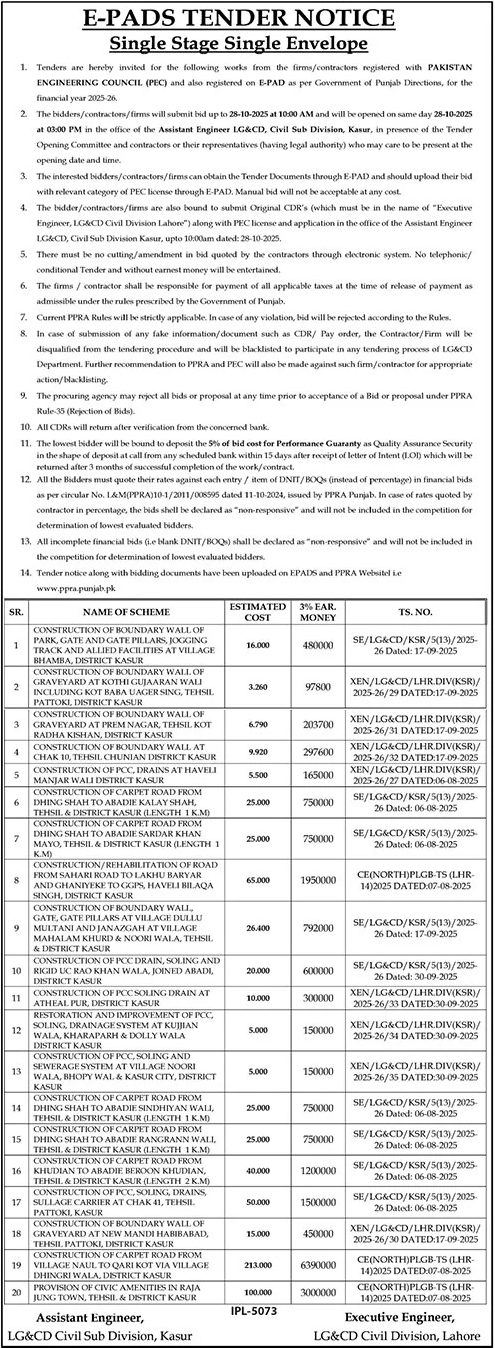 LG&CD Division Kasur Tender Notice